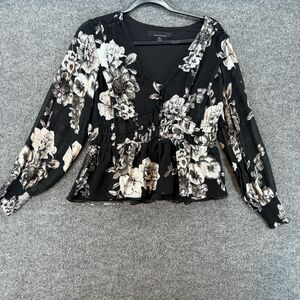 WHBM Blouse Top Size M Black Floral Silk Blend V-Neck Ruffle Cottagecore Fairy